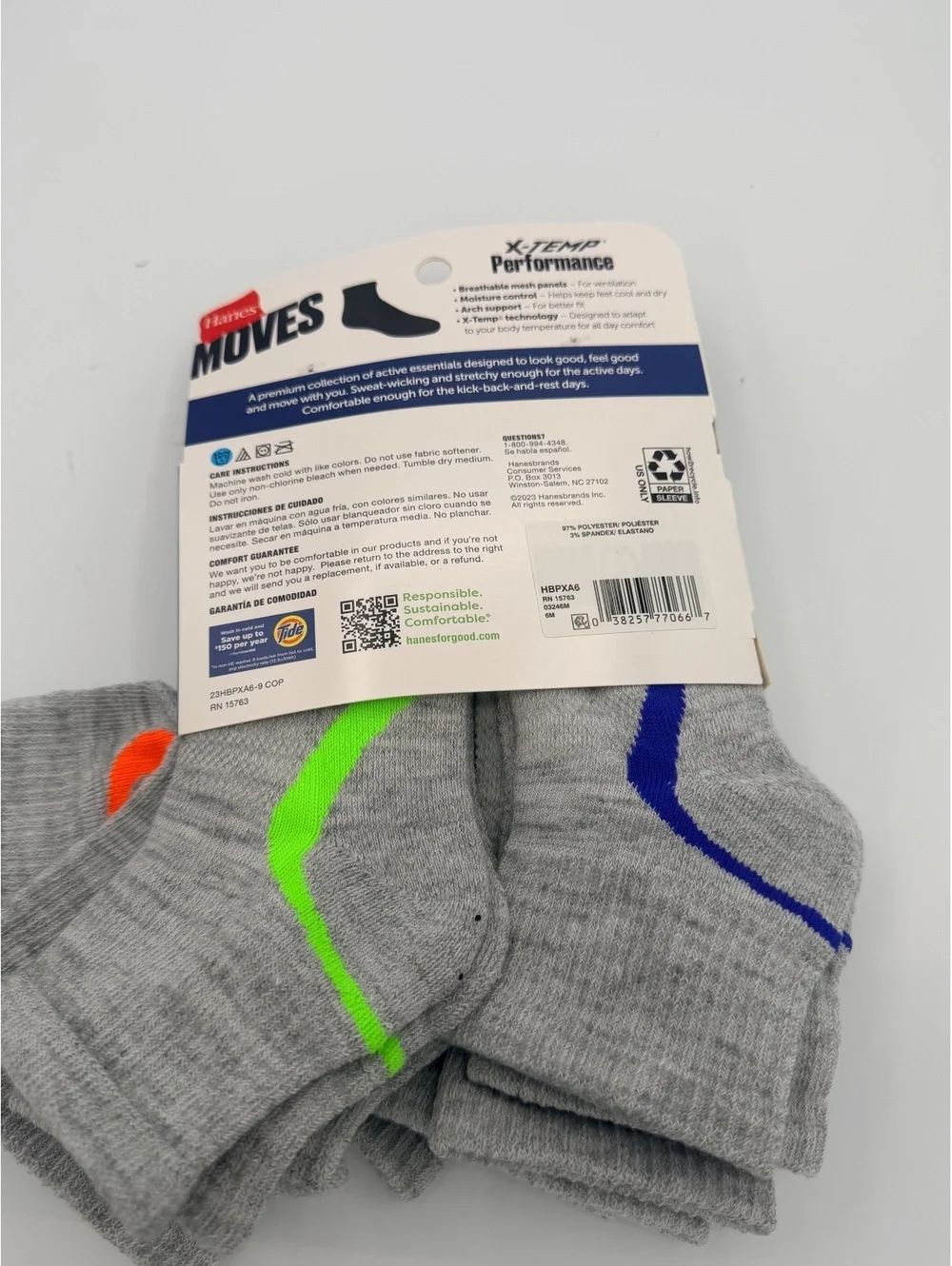Hanes Moves X-Temp Performance Ankle Socks 6-Pack Size 3-9